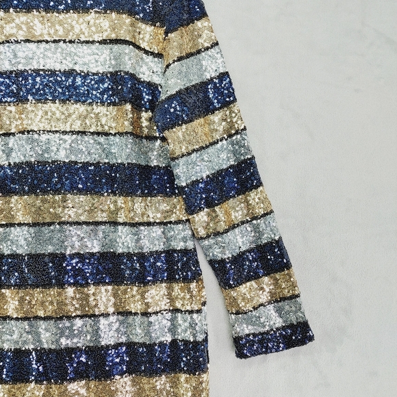 XTAREN Blue Gold Silver Striped Sequin Long Sleeve Evening Formal Dress P6871 - Picture 4 of 8